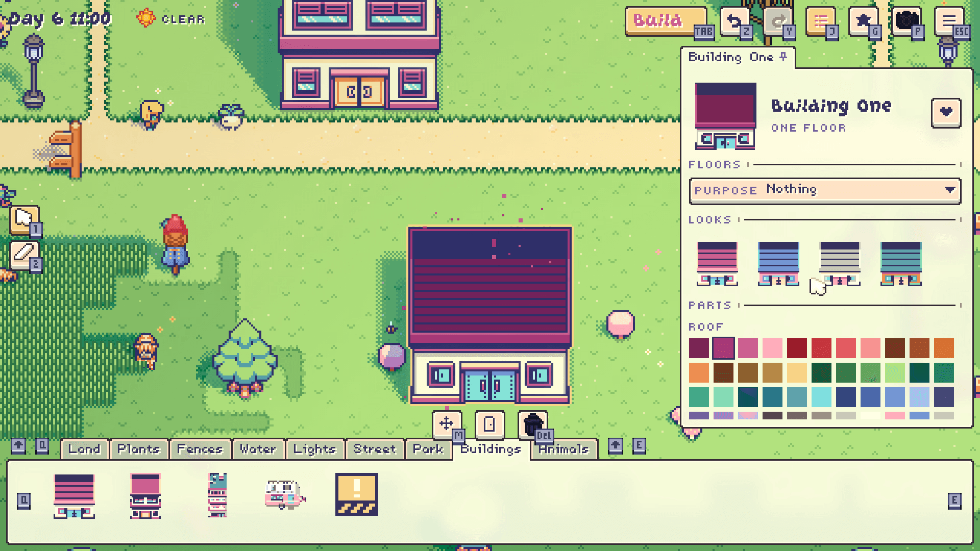 Montomo Town's build mode: a house just placed on a green lot, its color panel open with roof swatches beside it