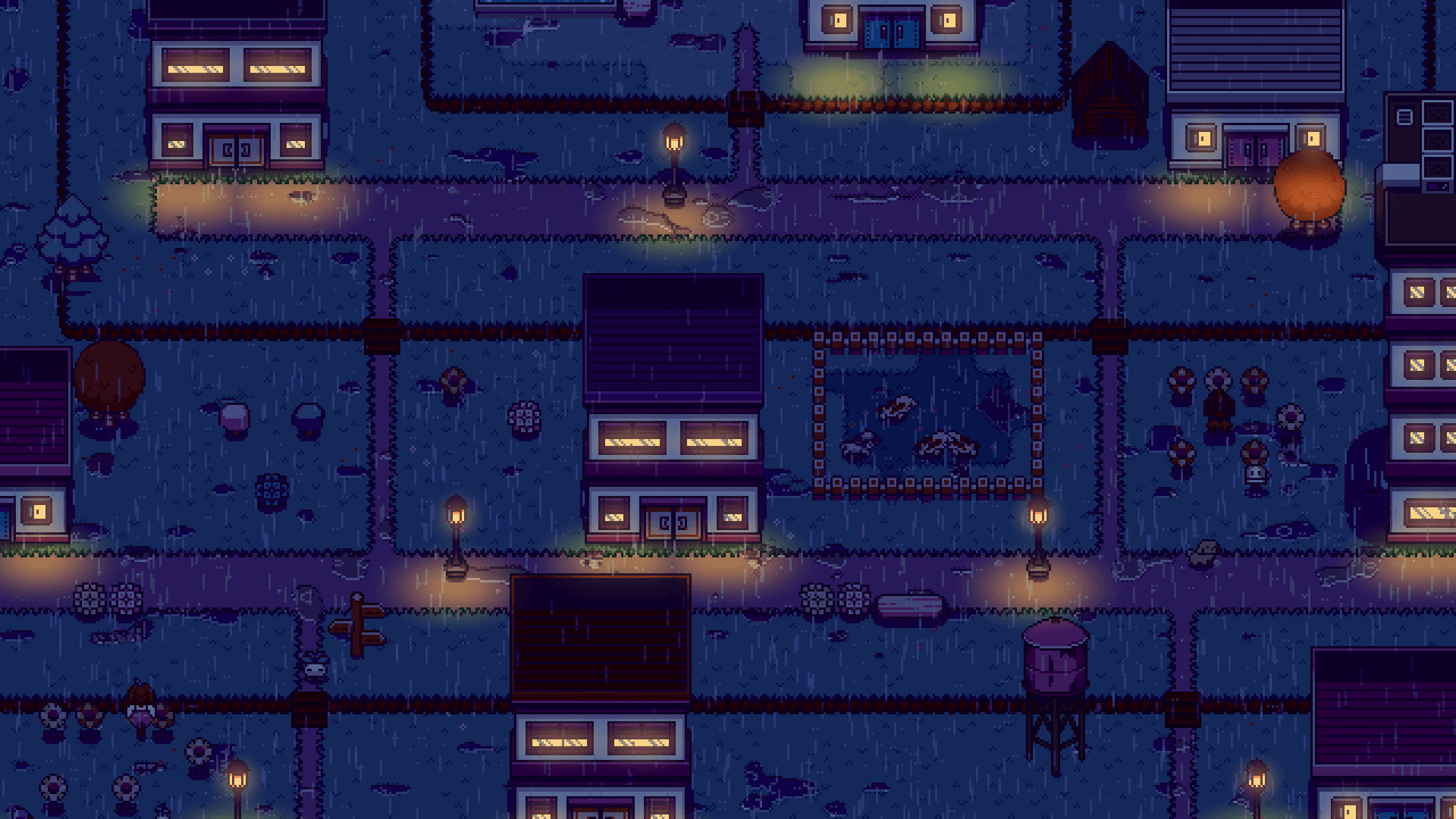 Montomo Town at night in the rain, lamplight pooling on wet paths between houses with lit windows