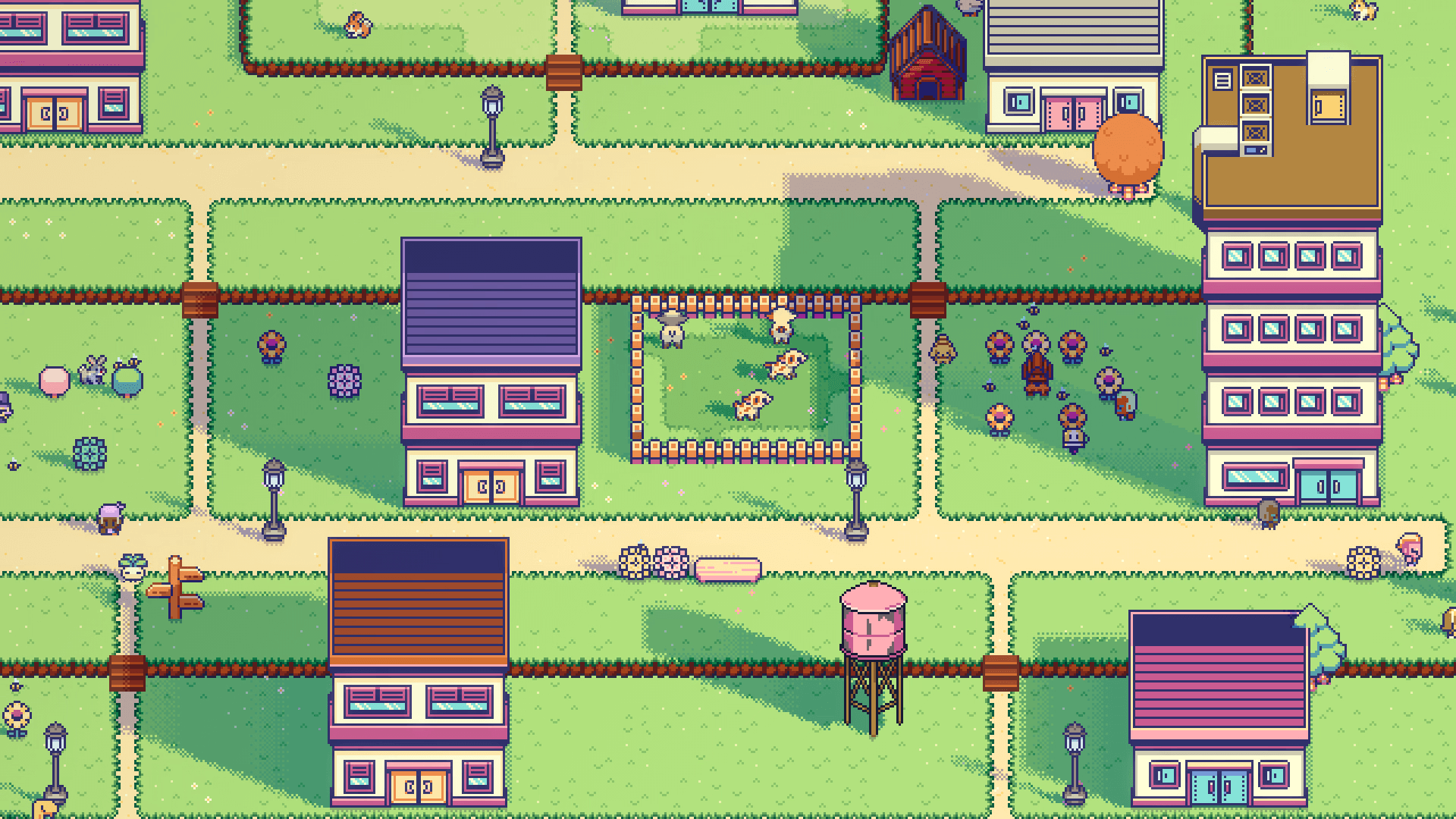 Montomo Town farmland: fenced paddocks of animals, a red barn and a water tower between apartment blocks
