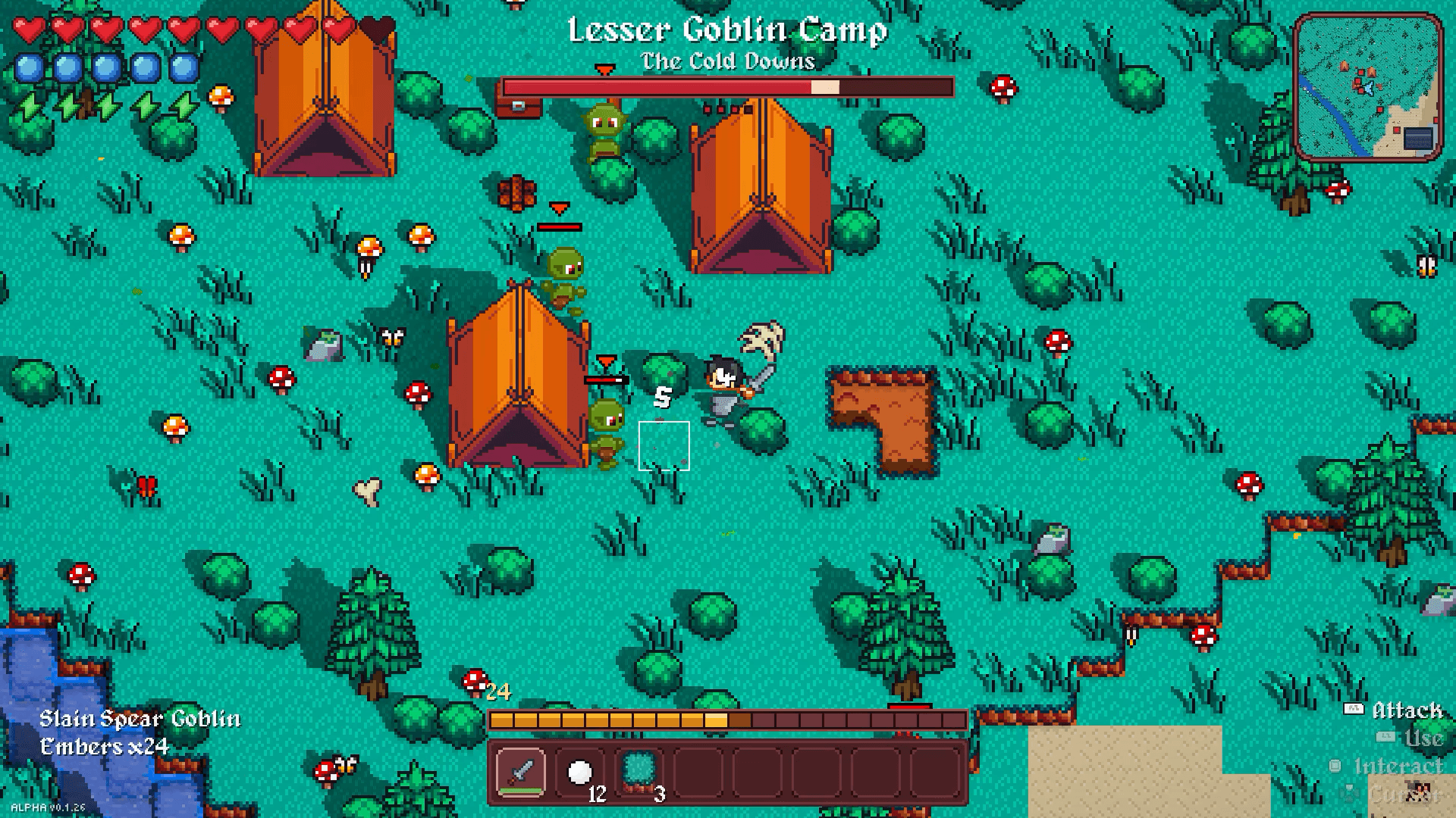 Combat in Vestalborne: a player swinging at spear goblins between the tents of a goblin camp, an enemy health bar above the fight
