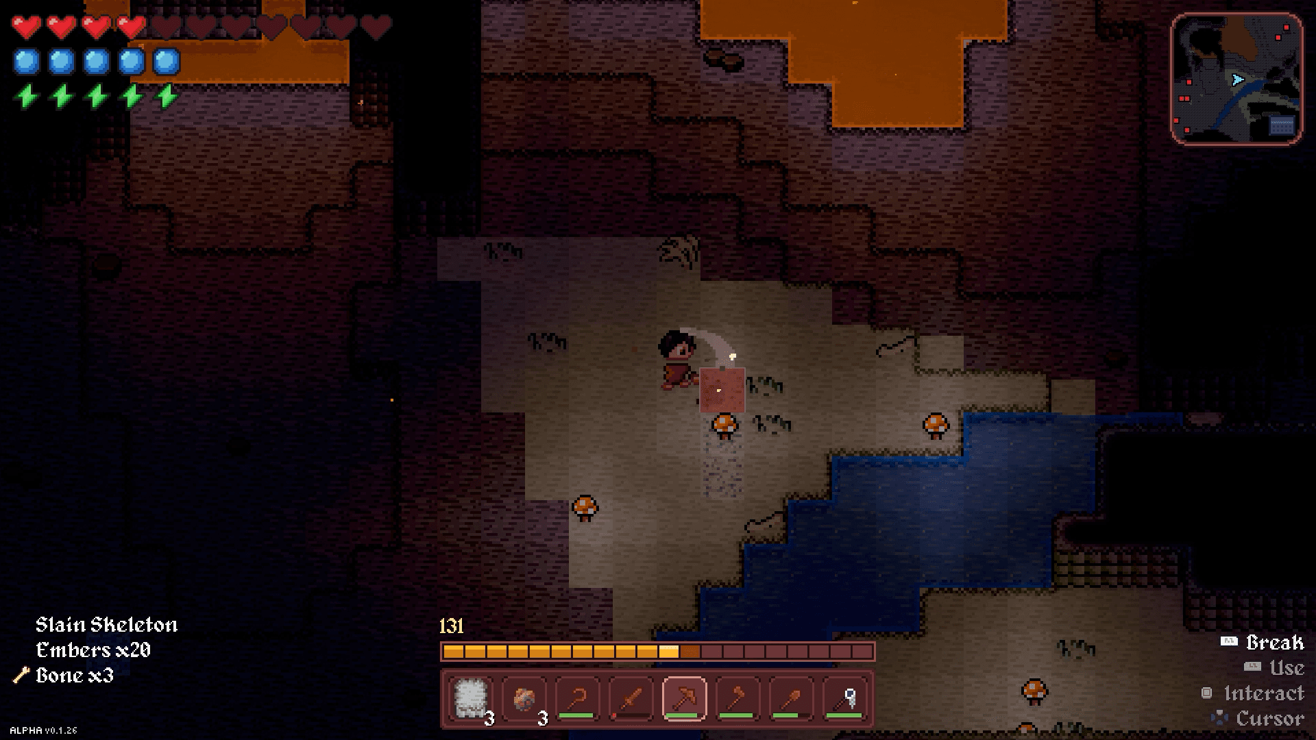A Vestalborne player mining copper ore by lamplight in a dark cave, an underground pool behind them
