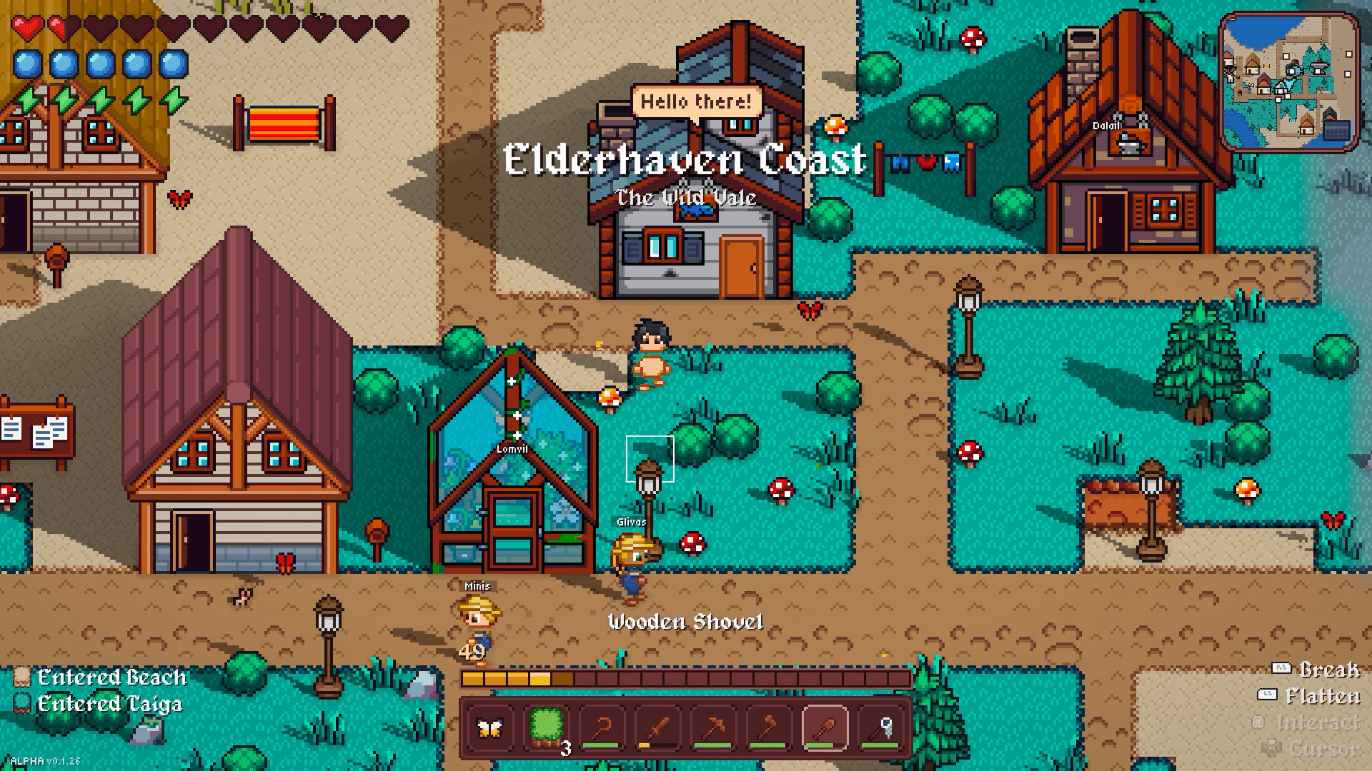 The village of Elderhaven Coast in Vestalborne: timbered houses, a greenhouse and villagers along a sandy path, one greeting the player