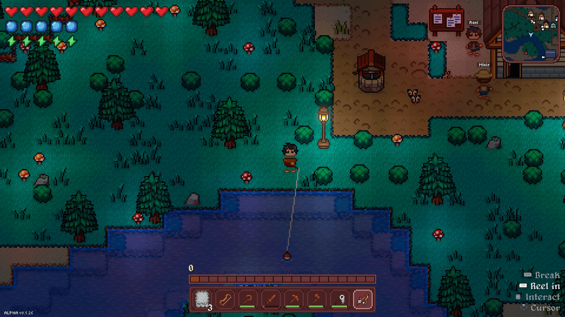 A Vestalborne player fishing a dark pond at night, a lamplit village noticeboard on the bank behind them