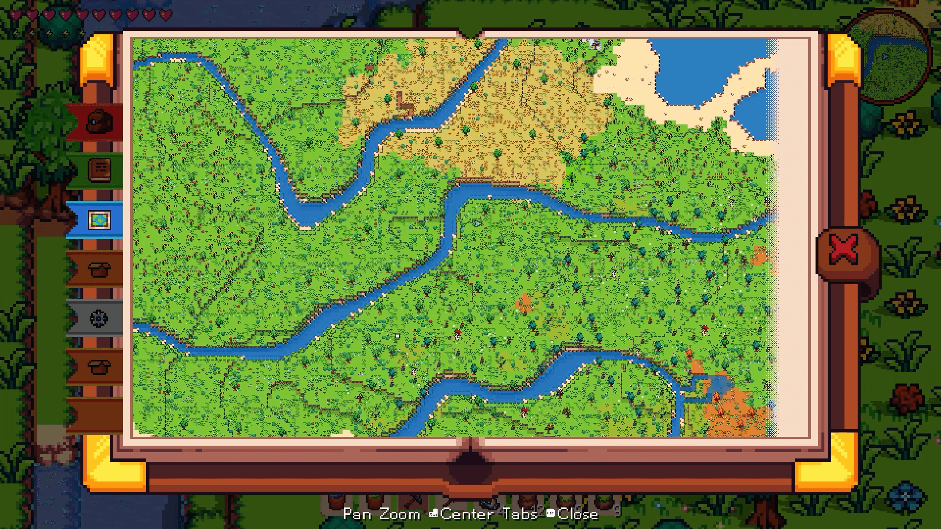 The Vestalborne world map opened as an in-game book, showing rivers winding through explored forest and plains