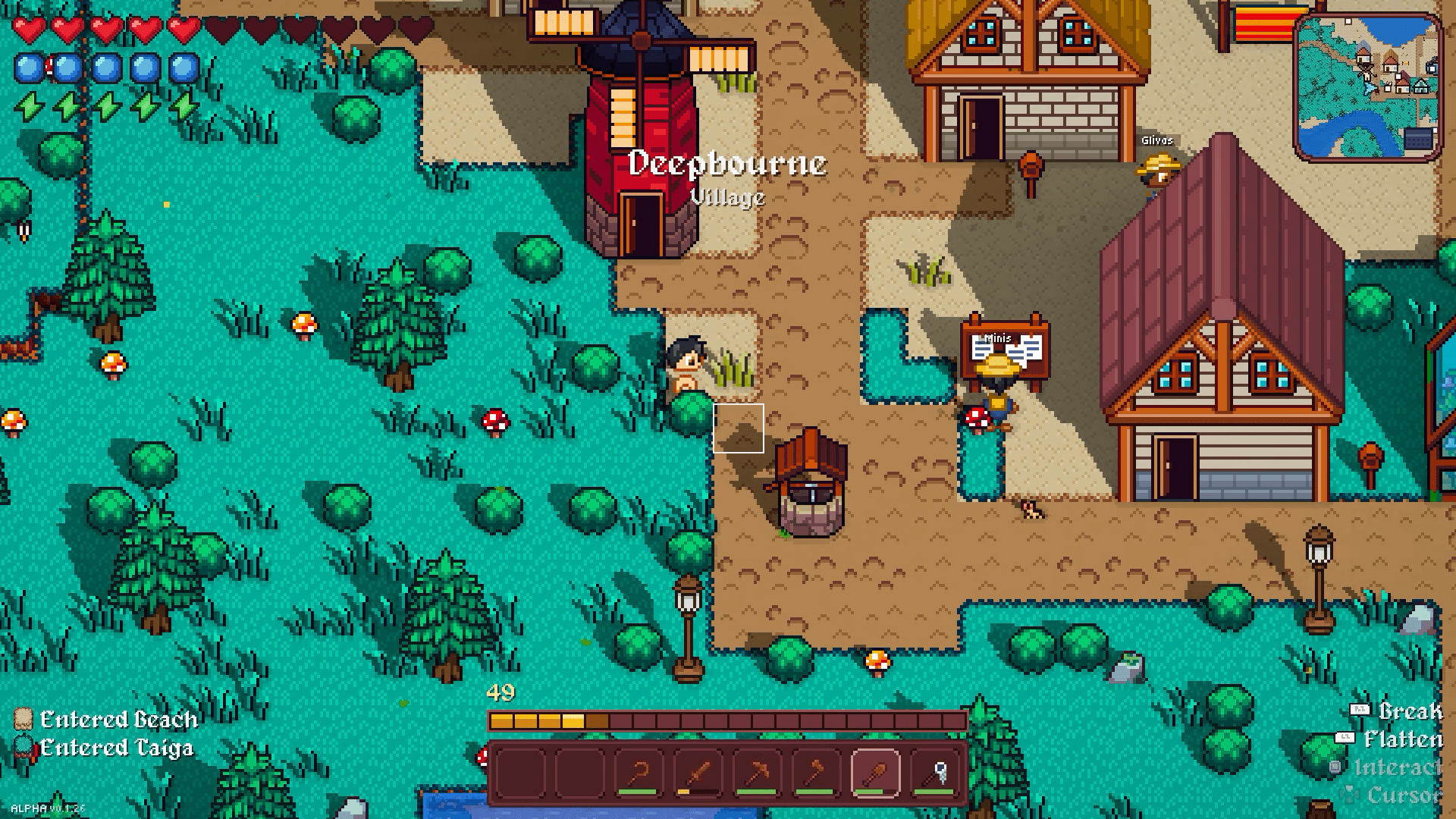The village of Deepbourne in Vestalborne: timbered houses, a well and a red tower beside a turquoise meadow
