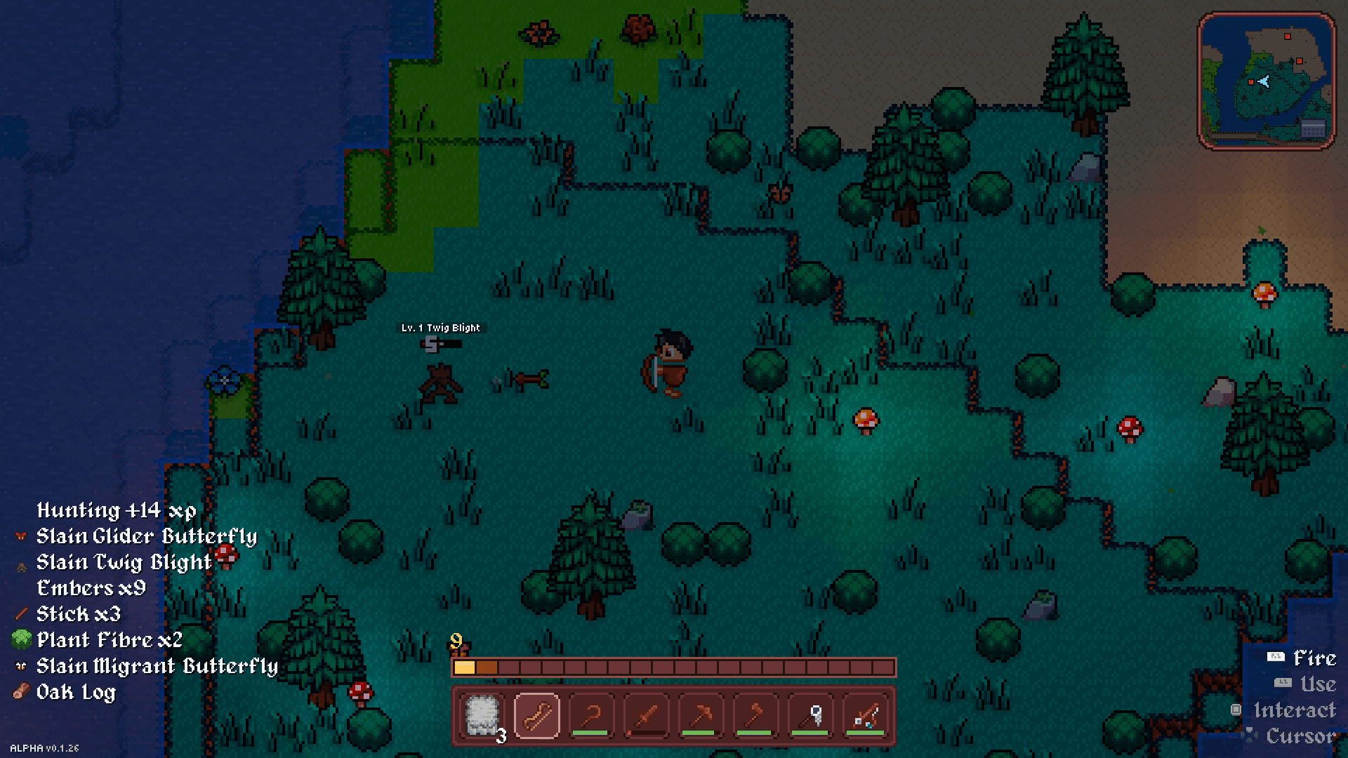 A Vestalborne player in a forest at night, the pickup feed listing butterflies, plant fibre and an oak log