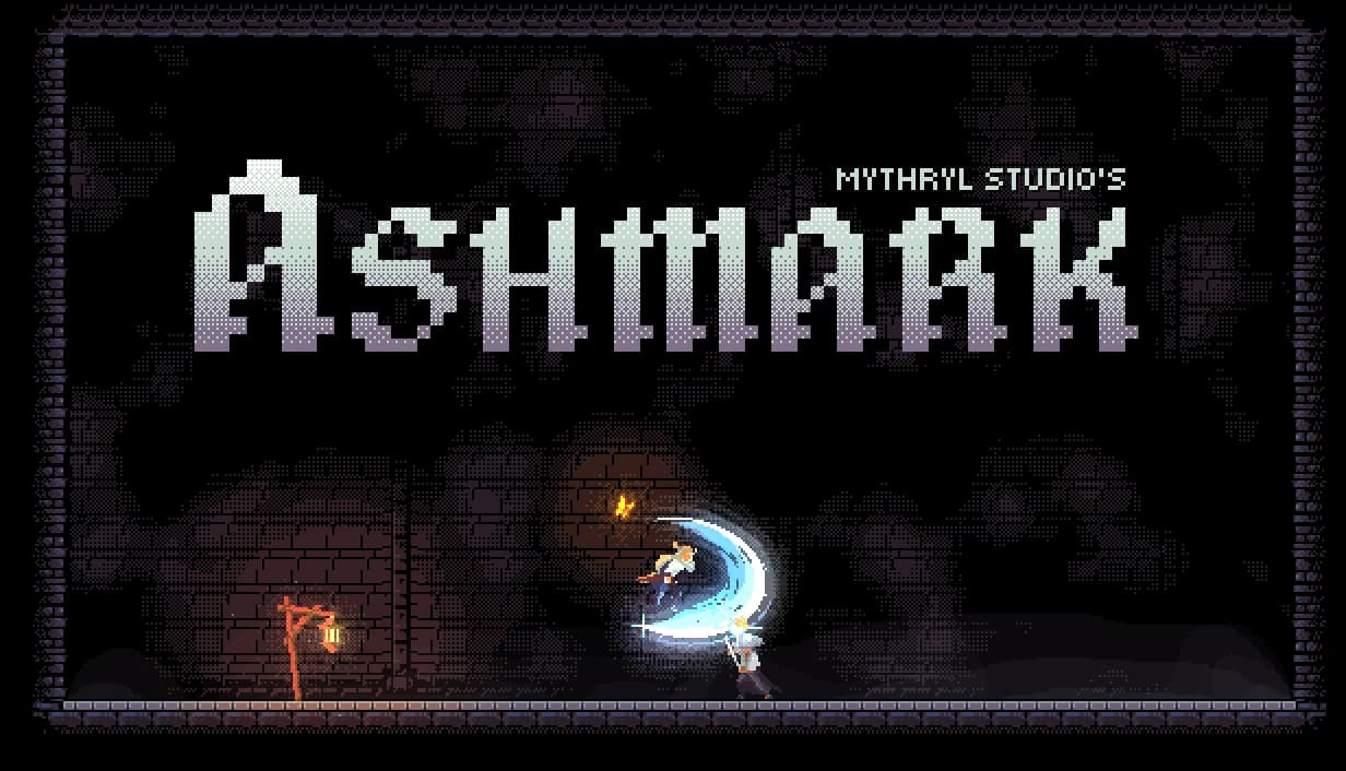 Ashmark: the wordmark in pale stone over a lamplit brick hall, a swordsman catching a blow on a wide blue arc