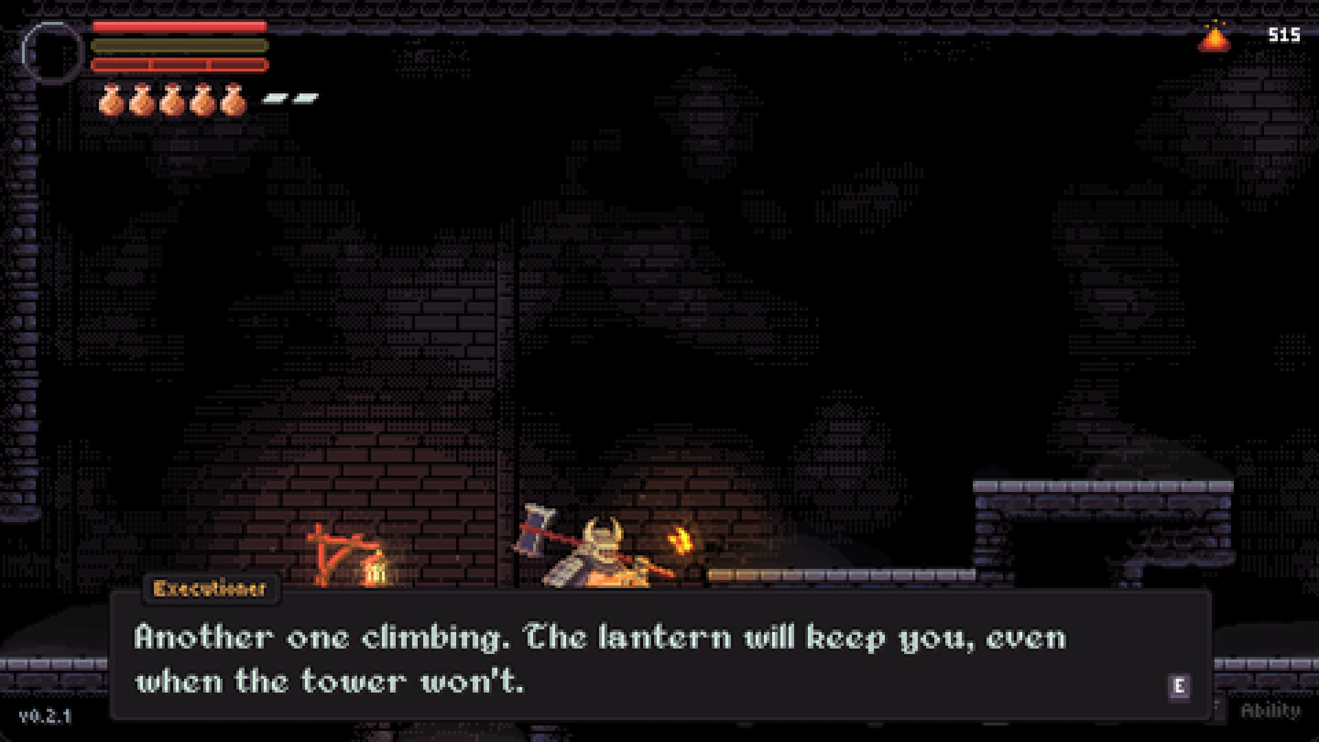 The executioner in Ashmark, a horned figure resting on an axe, speaking to the player beside a lit lantern in a dark brick corridor