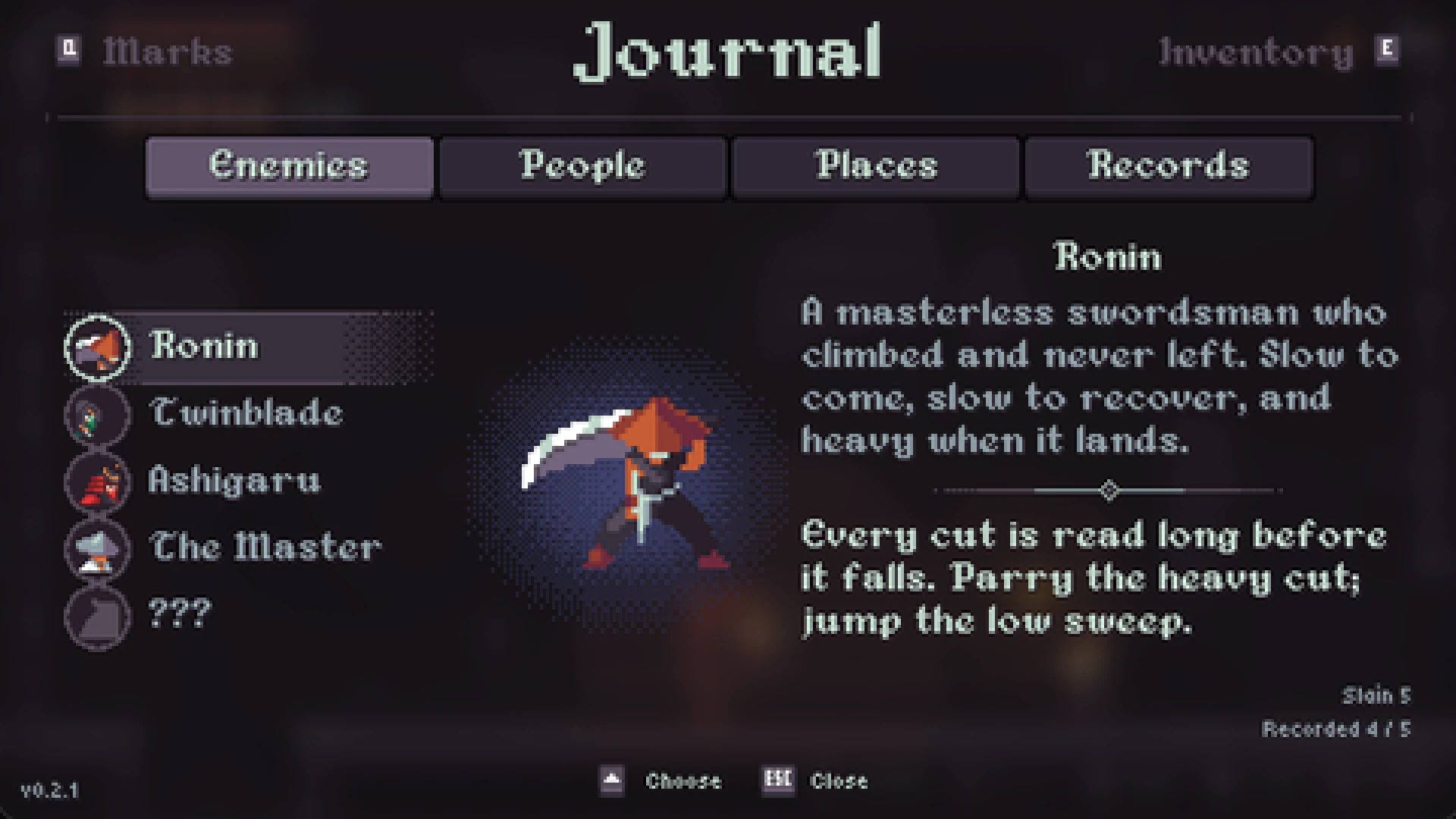 The Ashmark journal open on Enemies: the ronin's portrait beside his entry, recording how he swings and how the swing is answered