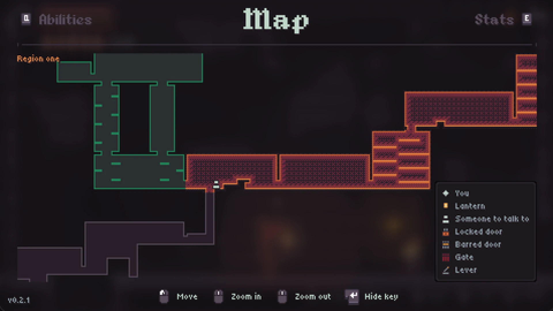 The Ashmark map screen: rooms drawn as their own walls in green and red across a dark grid, with a key naming lanterns, locked doors, barred doors, gates and levers