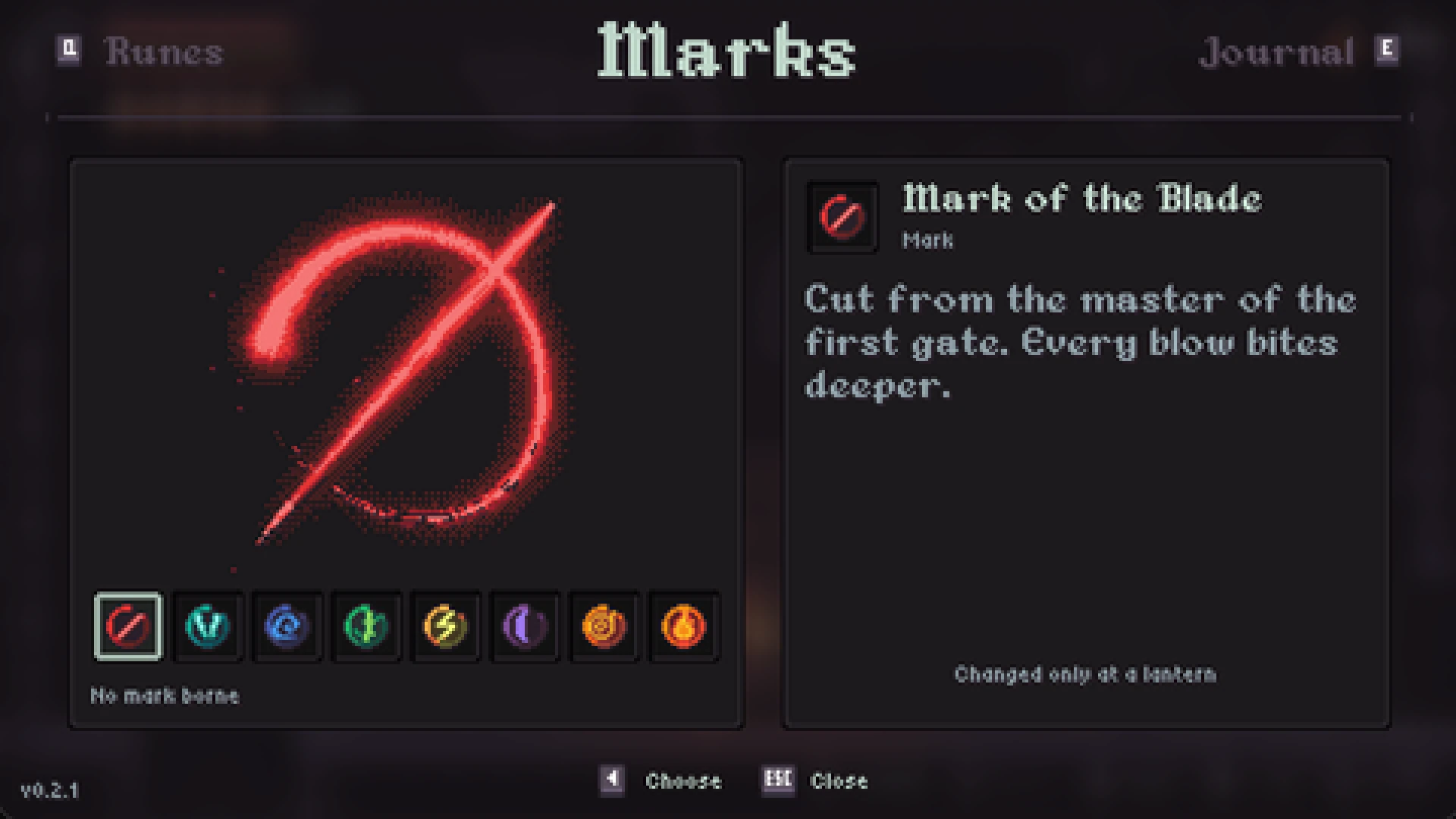 The marks page in Ashmark: a red brushstroke sigil painted large above a row of eight coloured mark sockets, most of them still dark