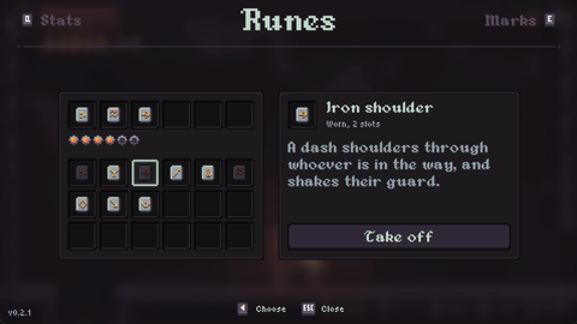 The runes page in Ashmark: three worn runes over a row of slot pips, the rest of the collection below, with the Iron shoulder rune described on the right