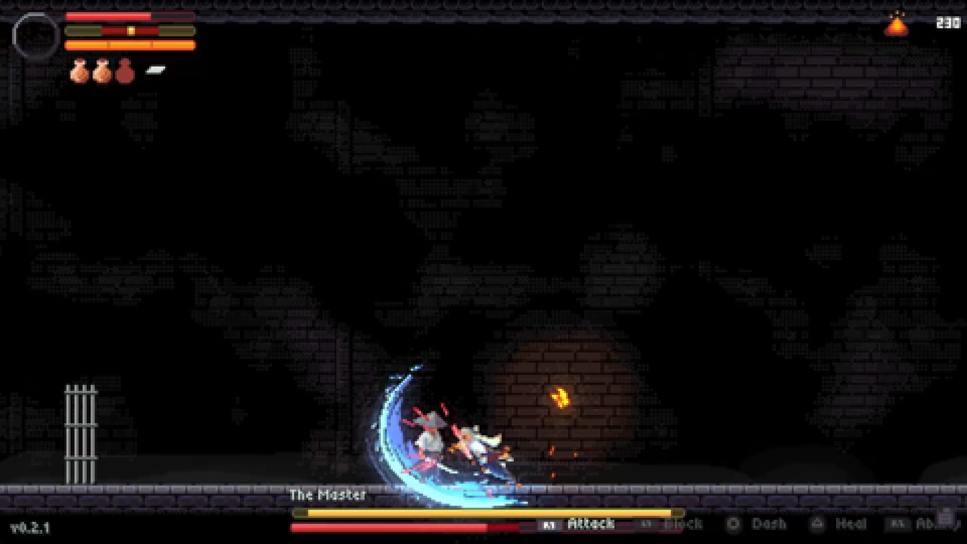A duel in Ashmark: the player's blade sweeping a wide blue arc across a samurai boss in a dark brick hall, the Master's health bar along the foot of the screen