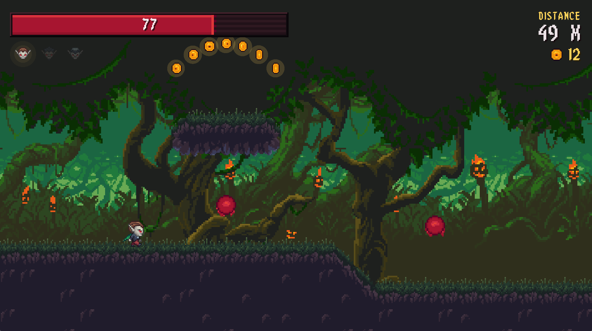 Count Down running through a dark jungle of gnarled trees, an arc of gold coins overhead and a draining health bar at the top of the screen