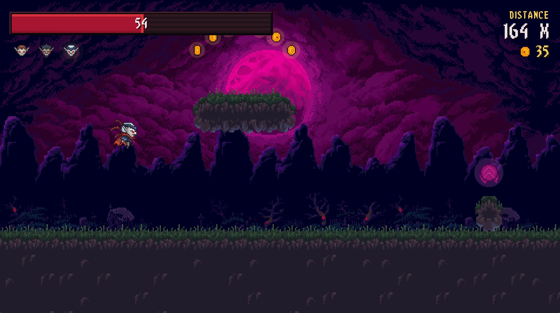 Count Down leaping between spires under a huge pink moon, 164 metres on the distance counter