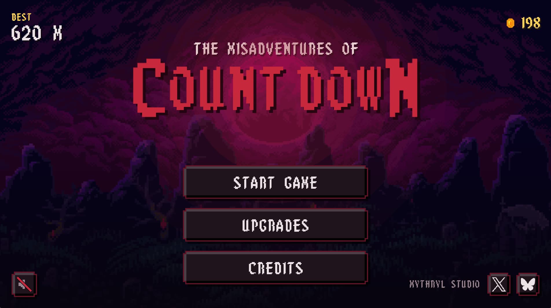 The Count Down title screen: a blood-red wordmark under a red moon, over a graveyard of jagged headstones