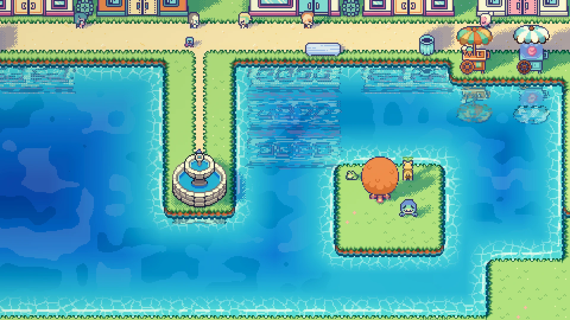 A bright Montomo Town lake with a fountain on a jetty and a small island where two wild mons sit under an orange tree