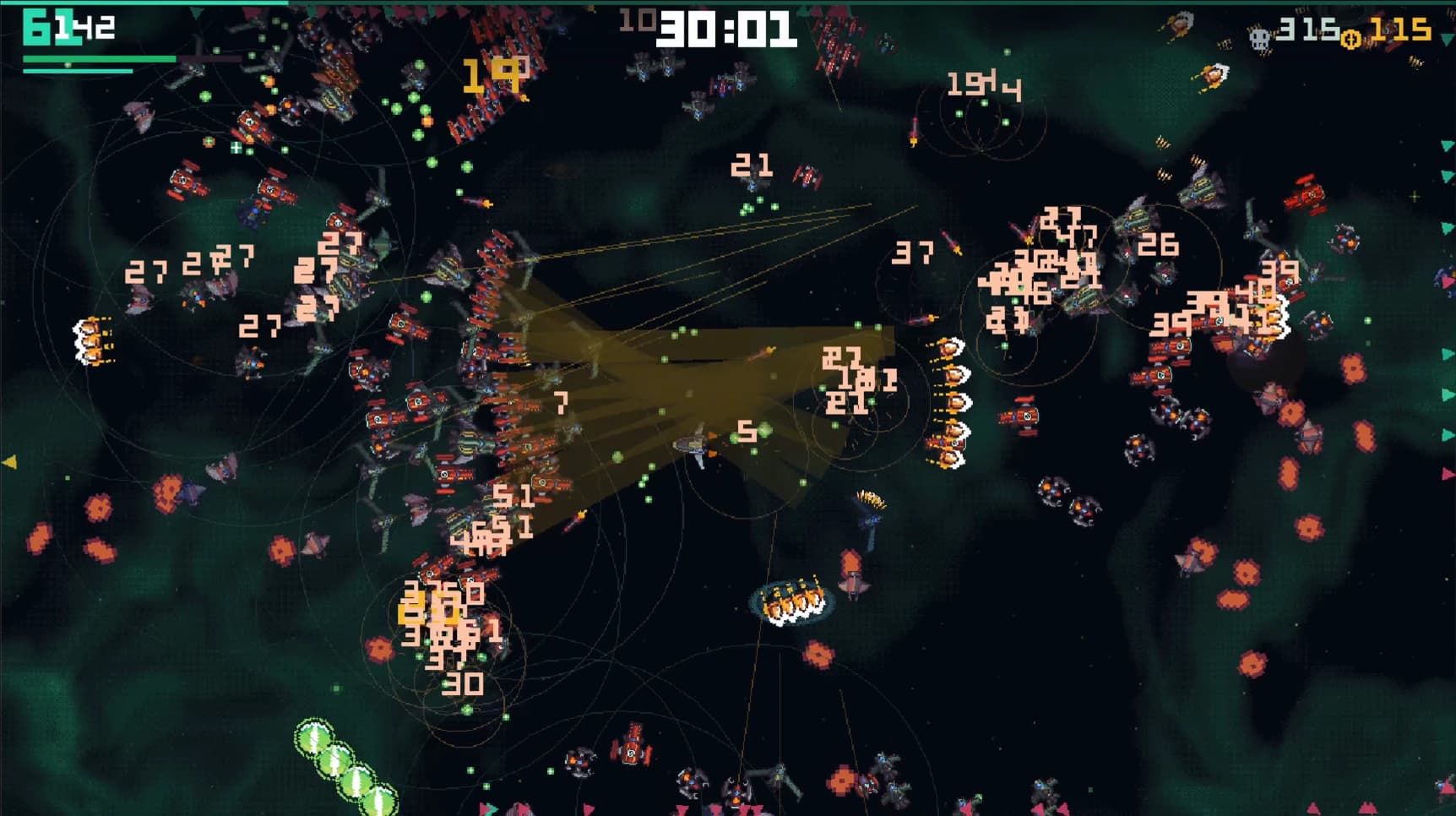 Rogue: Intergalactic gameplay showing one small ship at the centre of a swarm, its guns fanning a wide golden beam through ranks of enemies, damage numbers and XP orbs scattered across a green nebula