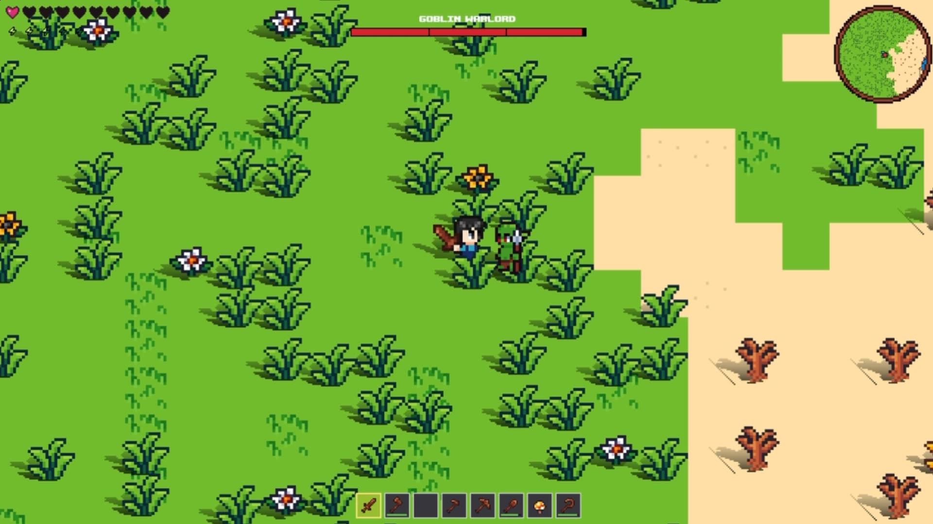 Vestalborne combat: a player trading blows with an enemy in tall grass, the enemy's health bar above the fight