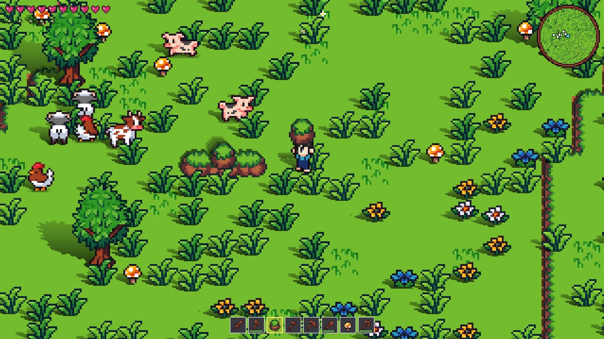 A Vestalborne farmstead with cows and pigs grazing beside planted crops and a pond