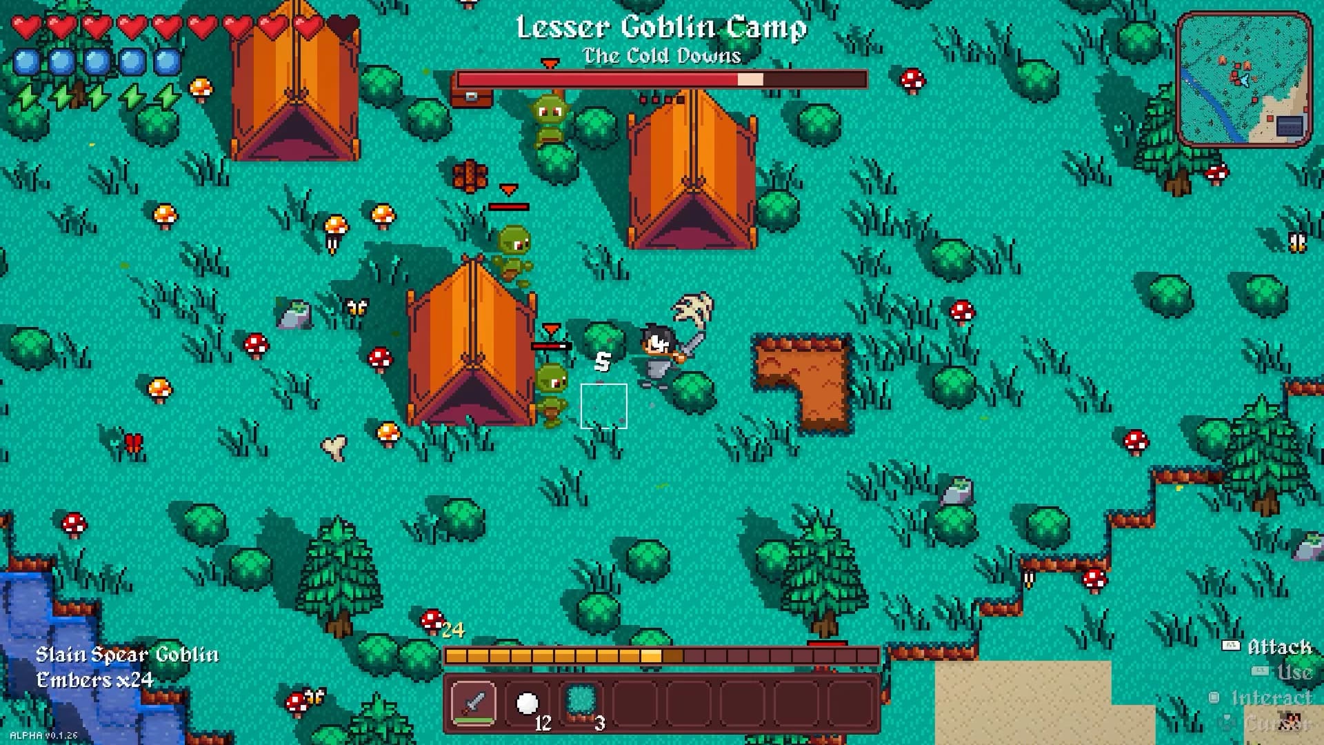 Combat in Vestalborne: a player swinging at spear goblins between the tents of a goblin camp, an enemy health bar above the fight