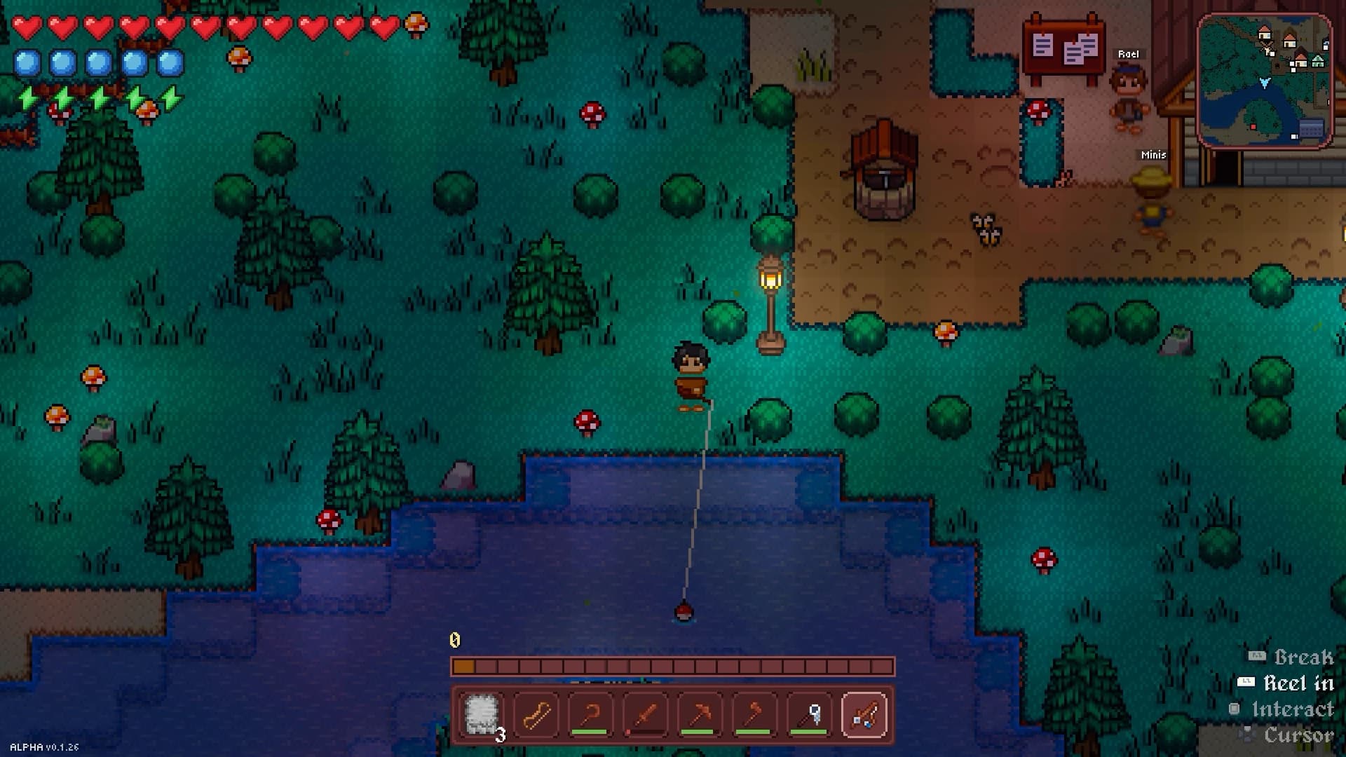 A Vestalborne player fishing a dark pond at night, a lamplit village noticeboard on the bank behind them