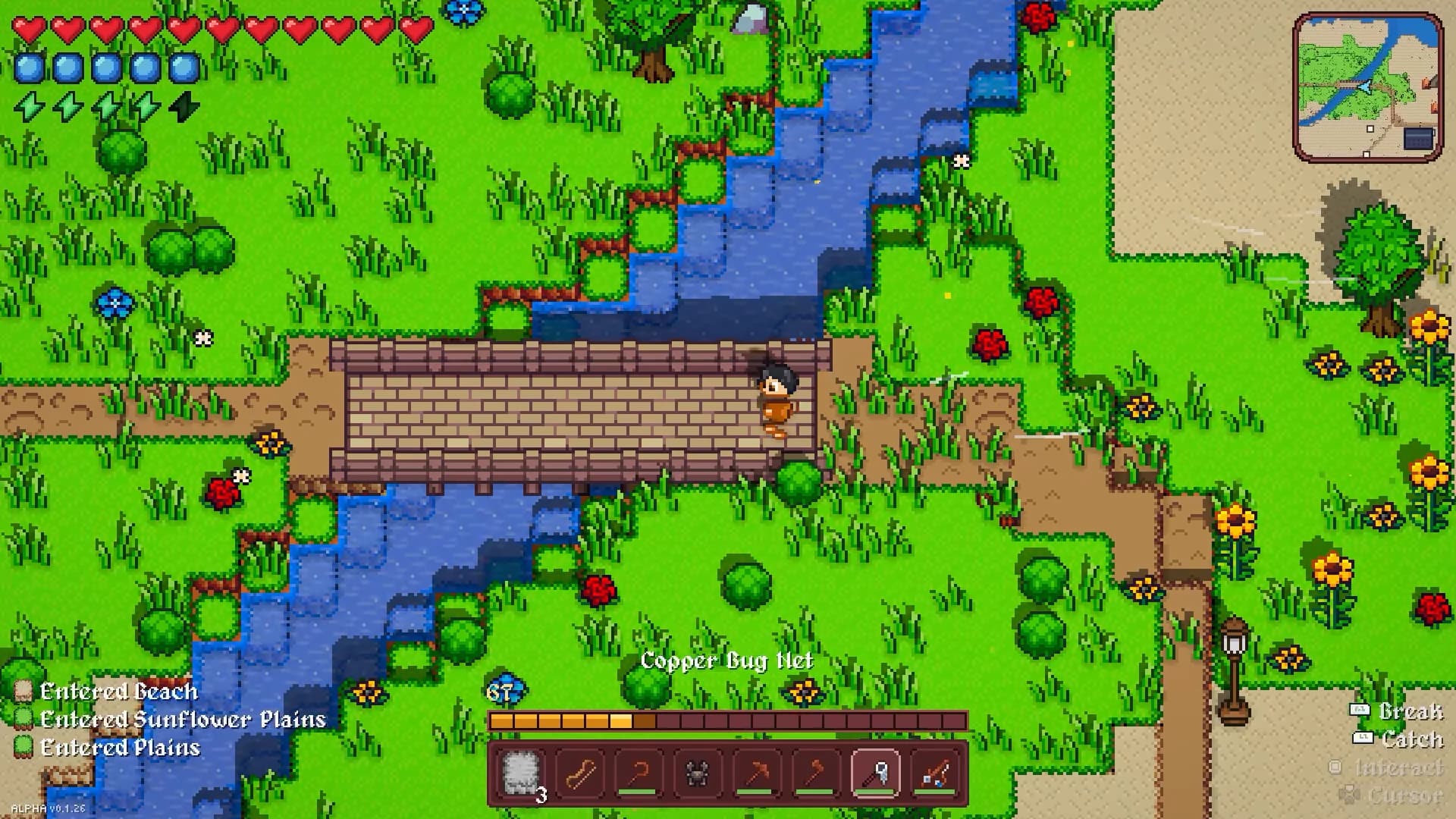 A Vestalborne player crossing a stone bridge over a river, sunflower plains and a lamplit path on the far bank