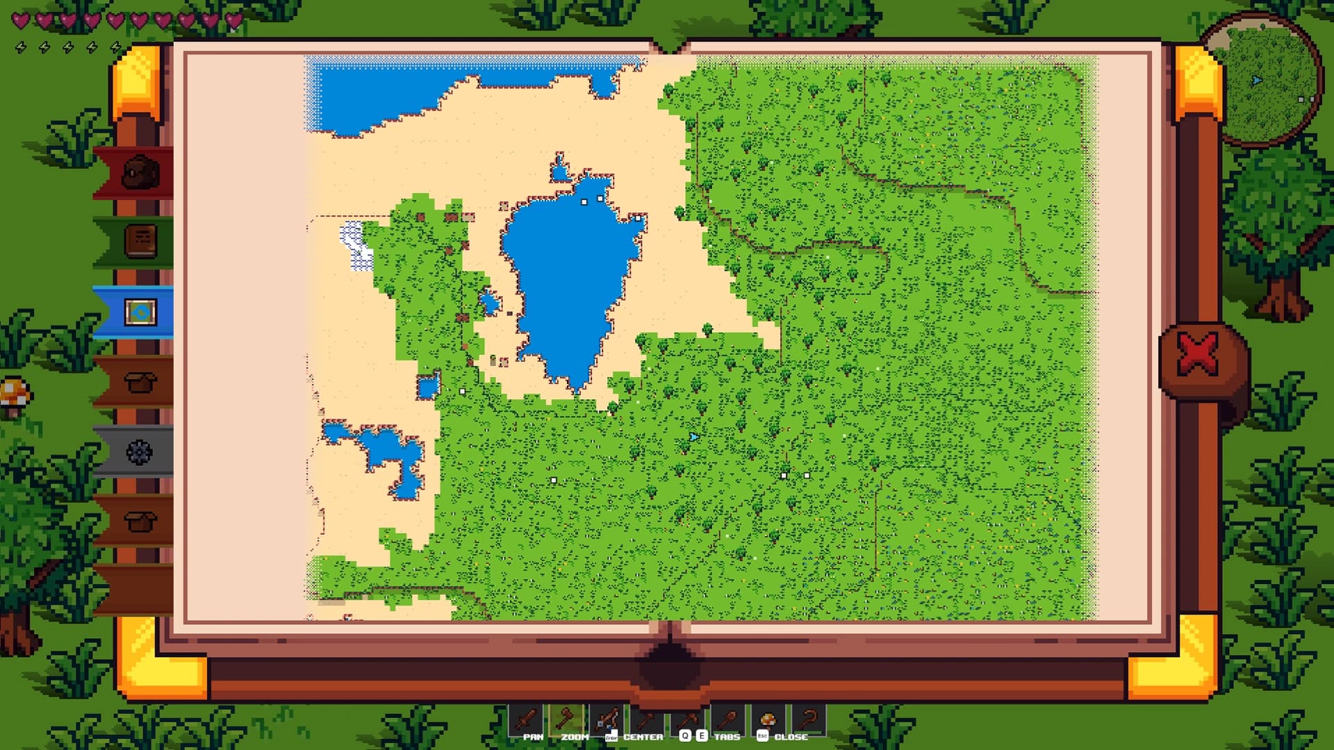 The Vestalborne world map opened as an in-game book, showing explored coastline, forest and inland lakes
