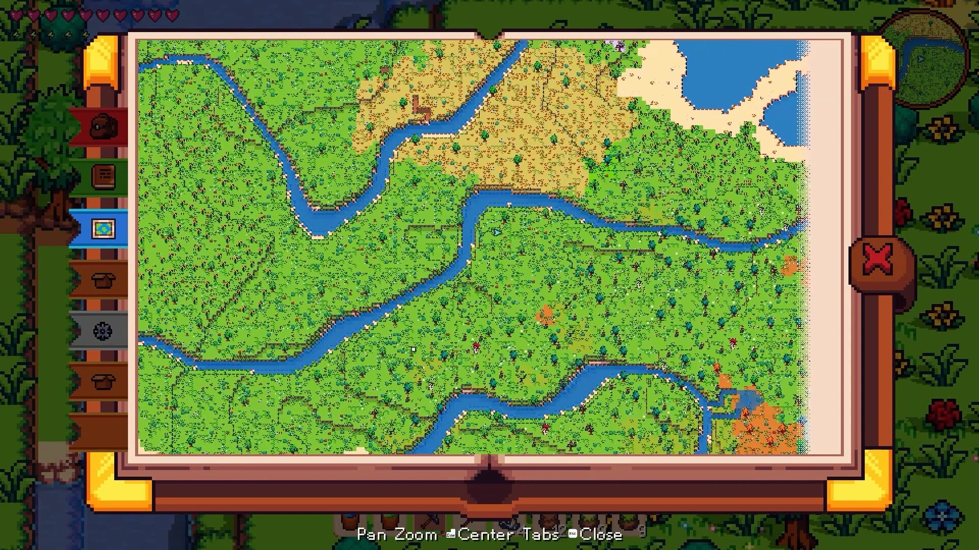 The Vestalborne world map opened as an in-game book, showing rivers winding through explored forest and plains